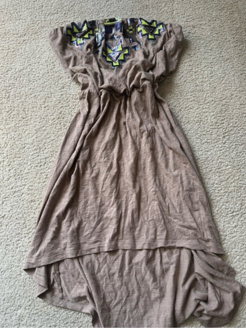 Express Taupe High-Low Strapless Maxi Dress with Neon Embroidery y2k